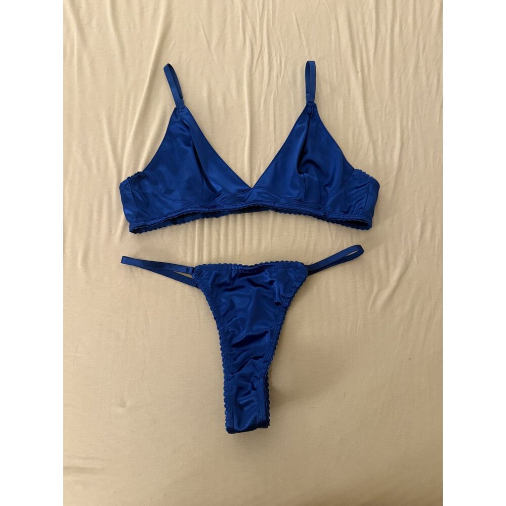 Cobalt Blue Satin Bralette & Thong Lingerie Set